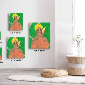 May include: A digital illustration of a woman with a yellow headwrap and a seashell in her hand. She is surrounded by green leaves. The image is available in various sizes, from 8x10 inches to 24x30 inches.