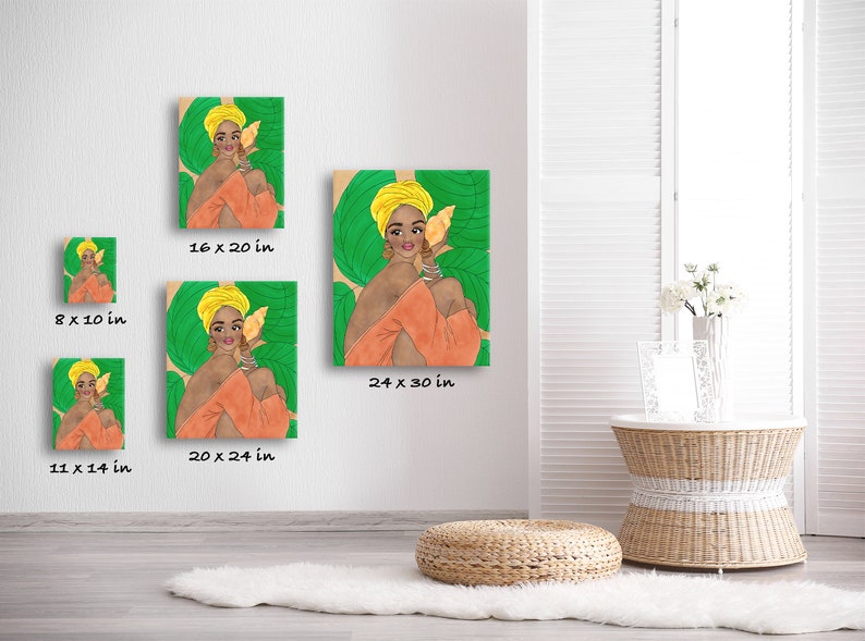 May include: A digital illustration of a woman with a yellow headwrap and a seashell in her hand. She is surrounded by green leaves. The image is available in various sizes, from 8x10 inches to 24x30 inches.