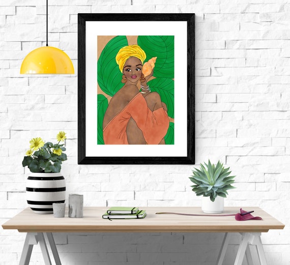 the sound of the sea, african woman art, South Africa art, black woman painting, exotic art,  african decoration, african illustrationtext