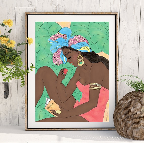 strawberry art print, black girl magic, strawberry print, strawberry wall art, black girl magic art, exotic art print, africantext