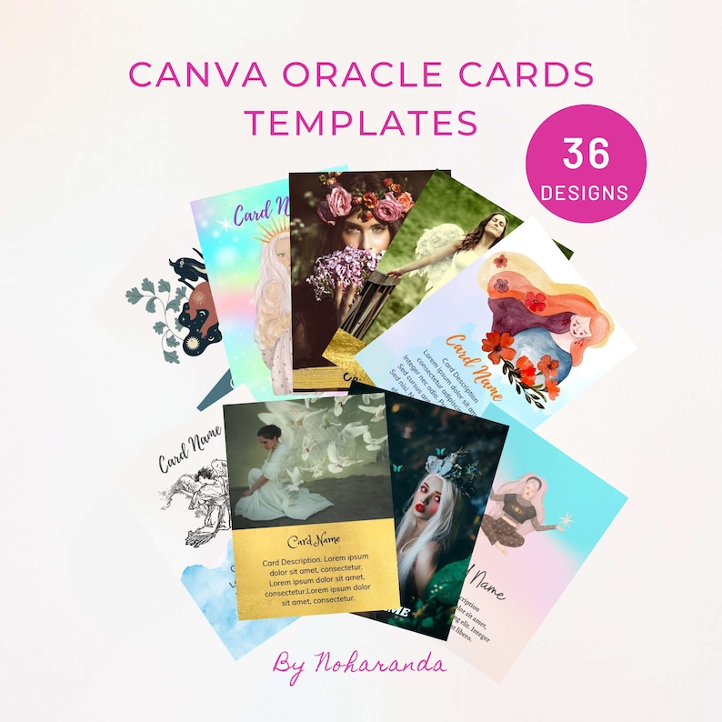 Puede incluir: Una colecci&oacute;n de 36 plantillas de cartas de or&aacute;culo de Canva con varios dise&ntilde;os con im&aacute;genes de mujeres, flores y naturaleza. El texto "CANVA ORACLE CARDS TEMPLATES" y "36 DESIGNS" es visible en la imagen.