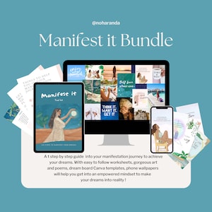 May include: A digital product bundle for manifestation, including a tool kit, worksheets, phone wallpapers, and Canva templates. The bundle features a colourful design with the text "Manifest it" and "Think it, Want it, Get it".