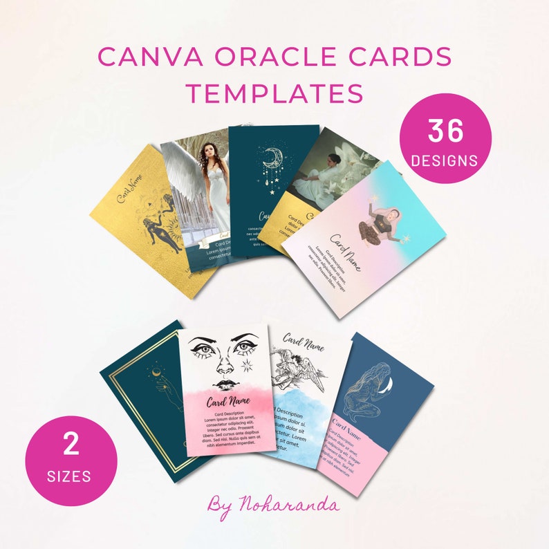 Puede incluir: Un conjunto de 36 plantillas de cartas de or&aacute;culo Canva en dos tama&ntilde;os. Las cartas presentan una variedad de dise&ntilde;os con temas celestiales, m&iacute;sticos y espirituales. Las cartas est&aacute;n dise&ntilde;adas con un fondo de acuarela e incluyen texto que dice "Nombre de la carta" y "Por Noharanda".