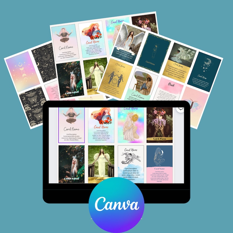 Puede incluir: Una pantalla digital que muestra una plantilla de dise&ntilde;o de Canva para un juego de cartas de tarot. Las cartas presentan varias ilustraciones de mujeres, flores e im&aacute;genes celestiales. El texto "Card Name" aparece en cada carta.