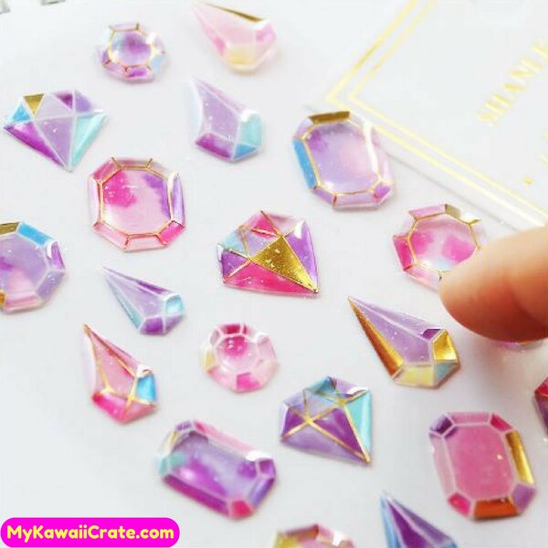 Kawaii Gilding Diamonds 3D Stickers ~ Cute Stickers, Crystal Gemstones Diamond Shape Decorative Stickers, Scrapbook Journal Planner Sticker