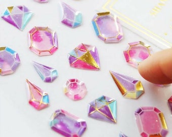 Kawaii Gilding Diamonds 3D Stickers ~ Cute Stickers, Crystal Gemstones Diamond Shape Decorative Stickers, Scrapbook Journal Planner Sticker