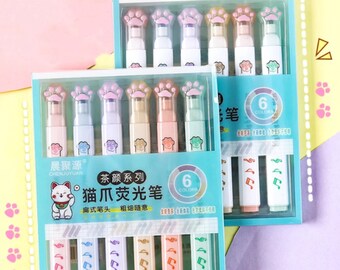 Kawaii Cute Cat Paw Highlighters 6 PC Set ~ Kawaii Highlighter Markers, Cat Stationery, Accessoires de planificateur, Dessin Écriture Cadeau d’étudiant