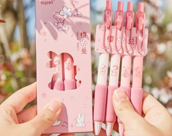 Sakura Cherry Blossoms Bunny Retractable Gel Pens 4 Pc Set ~ Kawaii Pens, Fine Tip Pen, Signature Planner Pen, Gift for Girls, Gift Pen Set