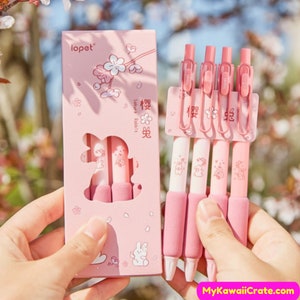 Sakura Cherry Blossoms Bunny Retractable Gel Pens 4 Pc Set ~ Kawaii Pens, Fine Tip Pen, Signature Planner Pen, Gift for Girls, Gift Pen Set