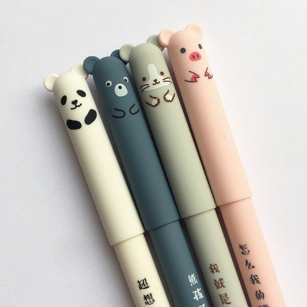 4 Pc Adorable Animals Velvet Feel Erasable Gel Pens ~ Cute Cartoon Pig Panda Mouse Bear Pen, Planner Accessories School Supplies, Funny Pens