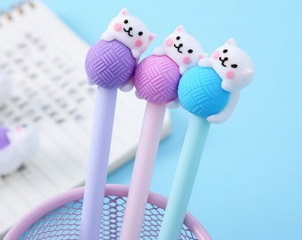 Schattig kat spelen met garen gel pennen 3 PC ~ cute cat pennen, kat minnaar cadeau, school benodigdheden, handtekening pen, dierenarts gift, kawaii pen