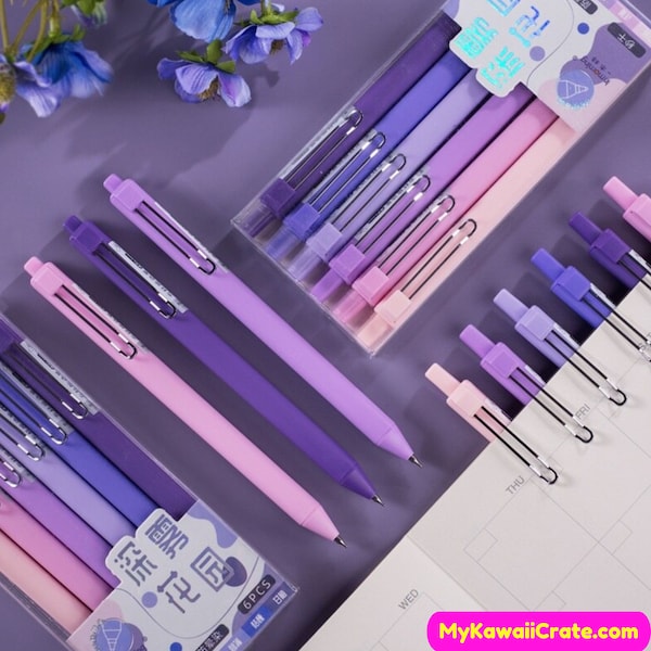 Sea Breeze Square Barrel Retractable Gel Pens 6 Pc Set ~ Color Coordinated Pens Gift Set, Black Ink Fine Tip Retractable Pen, Gift for Her