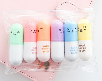 6 Pc Cute Happy Pill Mini Highlighter Set ~ Emoji Face Highlighters, Marker, School Supplies, Student Stationery, DIY Crafts, Novelty Gift