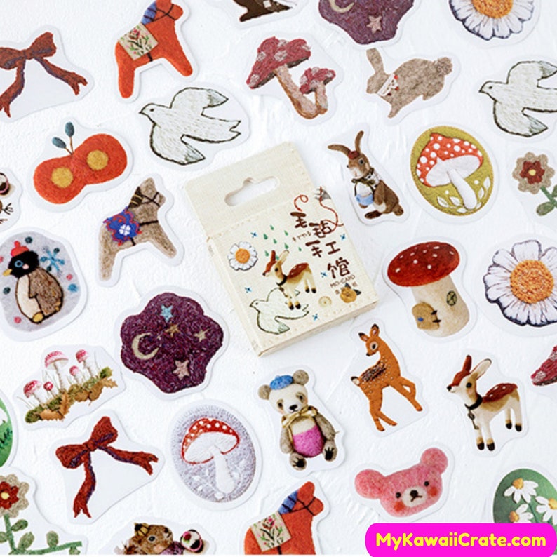 Kawaii Felt Animals Stickers 46 Pc Pack Cute Stickers Felt Etsy