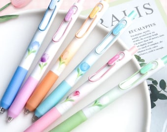 Kawaii Lovely Tulips Gel Pens 6 Pc Set ~ Tulip Pens, Floral Pens, Retractable Refillable Gel Pens Gift Set, School Supplies, Student Gift