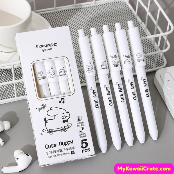 Kawaii Puppy Adventures Gel Pens 5 Pc Set ~ Puppy Dog Pens, Cute Animals Pens, Dog Stationery, Dog Lover Gift Idea, Student Writing Supplies