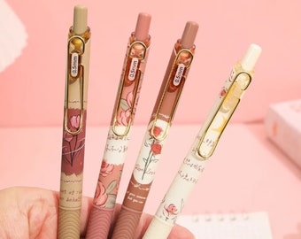 Delicate Rose Poem Gel Pens 4 Pc Set ~ Retro Flowers Pens, Rose Pen, Fine Tip Retractable Pen, Pretty Floral Pen, Gift for Her, Gift Pen Set