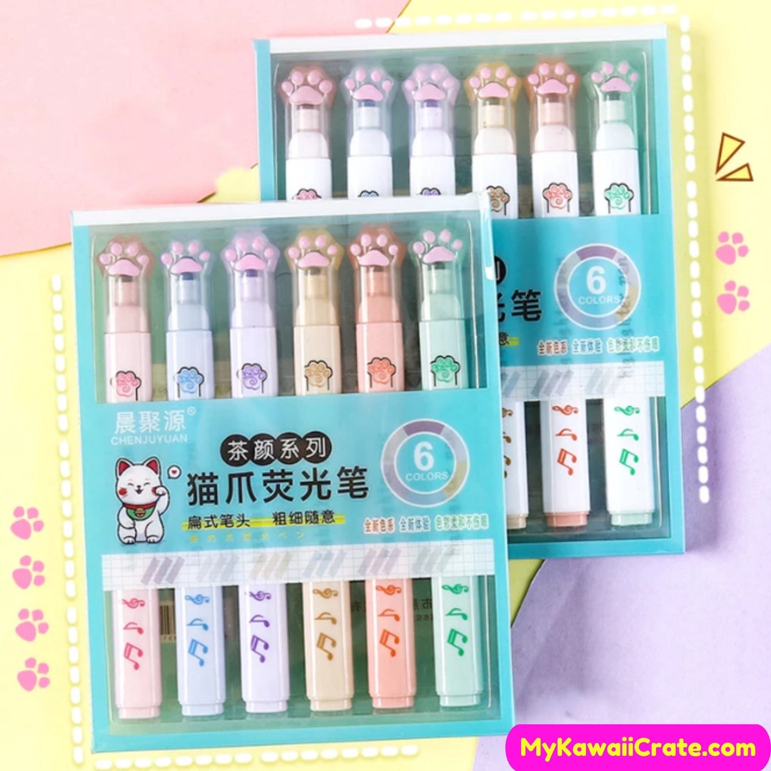 Kawaii Cute Cat Paw Highlighters 6 Pc Set Kawaii Highlighter Markers