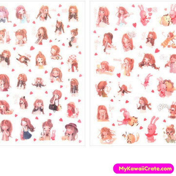 cute girl in love stickers 6 sheets kawaii cartoon girl etsy