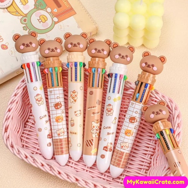 Kawaii Brown Bear Rosy Cheeks 10 Colors in 1 Chunky Ballpoint Pen ~ Multicolor Pen, Cute Bear Pen Stationery, School Supplies Cute Gift Idea