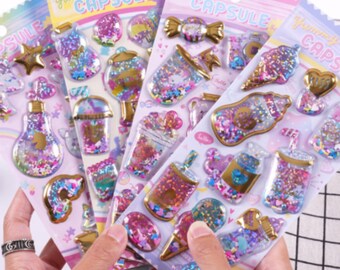 Kawaii Glittery Capsule 3D Puffy Stickers ~ Kawaii Stickers, Cute Stickers, Scrapbooking Planner Stickers, Fun Stickers, Capsule Stickers