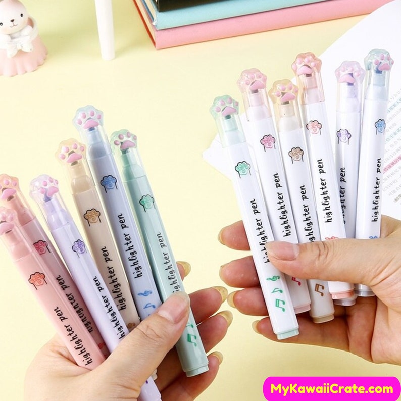 Kawaii Cute Cat Paw Highlighters 6 Pc Set Kawaii Highlighter Etsy