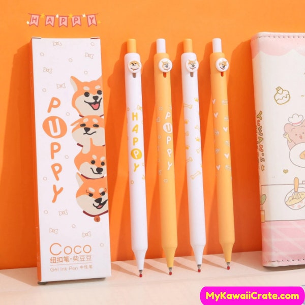 Adorable Japanese Shiba Inu Welpe Hund Versenkbare Gel Stifte 4 Stk. Set ~ Niedliches Hunde Stifte Set, Kawaii Stifte, Hunde welpe, Hundeliebhaber Geschenk Stifte