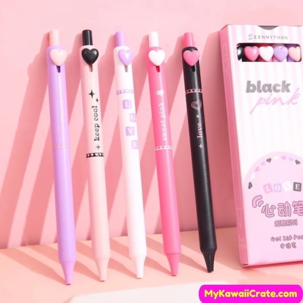 Kawaii Heart Love Retractable Gel Pens 5 Pc Set ~ Cute Pens, Smooth Writing Fine Tip Pens, Cute Stationery, Black Color Ink Gift Pen Set