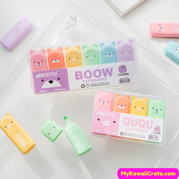 Kawaii Cute Bear Pocket Size Highlighters Set ~ Cartoon Bear Fluorescent Highlighter, Neon Markers Writing School Supplies, Bears Stationery