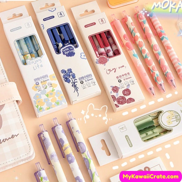 Romantic Flower Series stylos gel rétractables 4 pc Set ~ Ensemble de stylo floral, Kawaii Pen Gift Set, Signature Pen, Cute Office Pen, Fournitures d’écriture