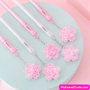 Japanese Sakura Cherry Blossom Sparkles Pendant Gel Pens 4 Pc ~ Cute Pens, Cherry Blossom Pen, Signature Floral Flower Pen, Japan Stationery