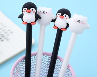 2 Pc Happy Penguin and Polar Bear Gel Pens - Kawaii Pens, Cute Animal Pens, Fournitures scolaires, Stylo d'écriture pour les élèves, Cadeau pour les enfants, Stylo pingouin