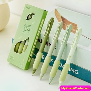 Matcha Green Tea Retractable Gel Pens 4 Pc Set ~ Cute Green Tea Pens, Soft Grip Fine Tip Retractable Pen, Gift for Her, Gift Pen Set