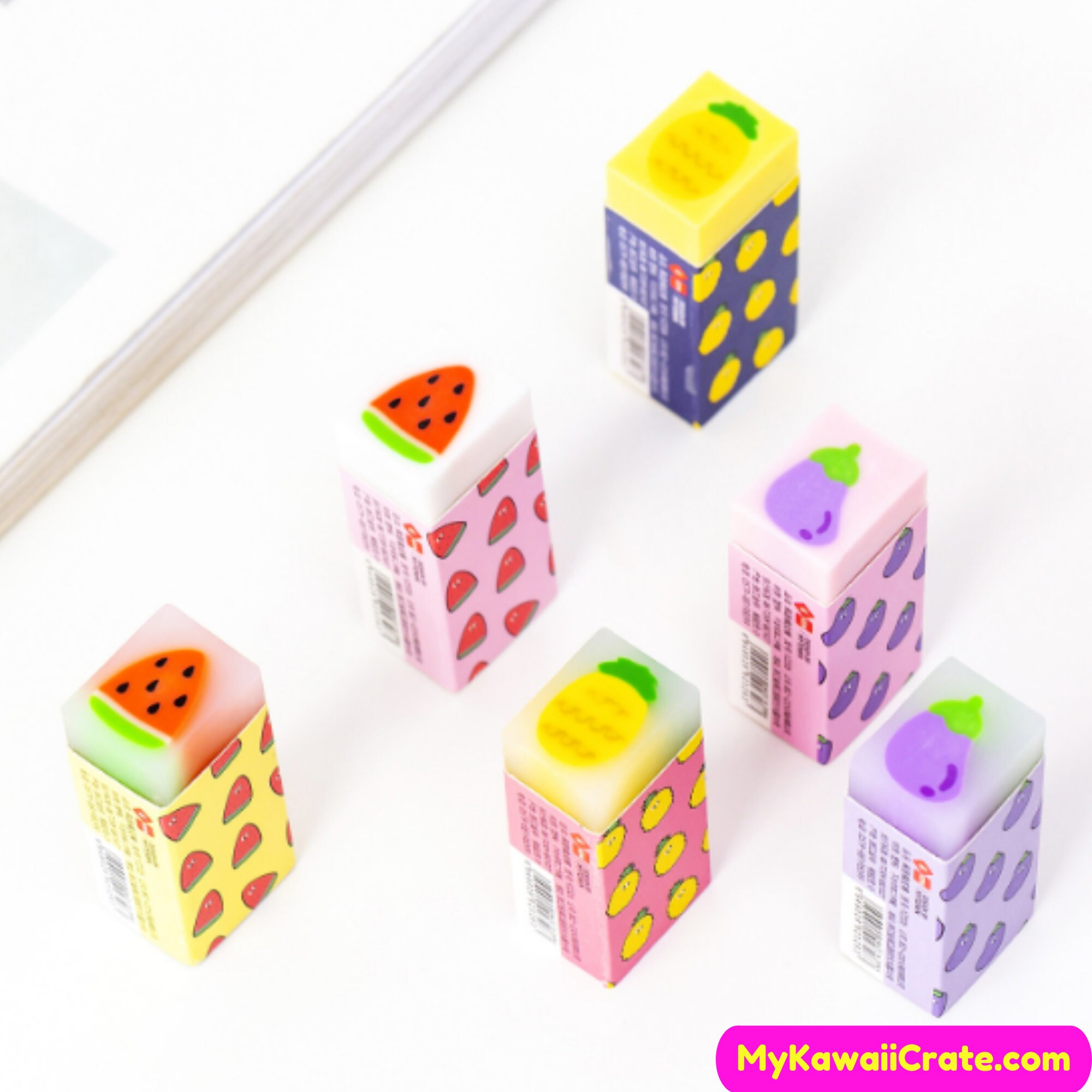 Veeki Cute Pencil Erasers For Kids, 6 Count & 6 Colors, White, Black, Blue,  Green, Pink, Orange, Fun Party Favor & School Supplies, Kawaii Drawing Era