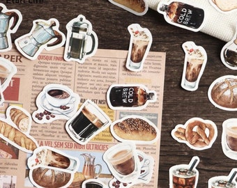 Coffee Break Decorative Stickers 46 Pc Pack ~ Coffee Stickers, Bread Pretzel Croissant Stickers, Iced Coffee Stickers, Fun Kawaii Stickers
