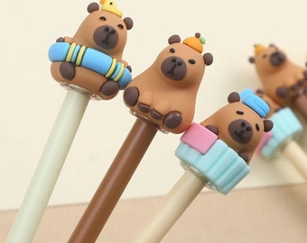 Kawaii Lazy Capybara Gel Pens 3 Pc Set ~ Funny Animal Pens, Cute Pens, Retractable Black Ink Fine Tip Pens, School Supplies, Gift Pen Set