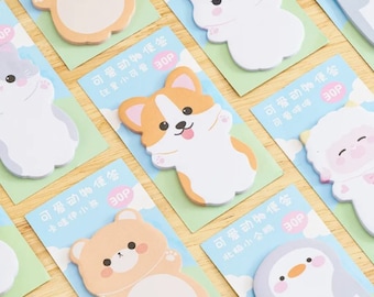 Kawaii Cartoon Animals Sticky Notes 30 Sheets ~ Kawaii Memo, Cute Sticky Notes, To Do List, Corgi Cat Sheep Bear Penguin Rabbit Sticky Notes