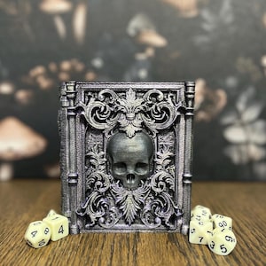 Tome de dés nécromancien peint à la main, plateau de dés, rangement de miniatures, jeux de rôle, D&D, boîte de rangement souvenir, boîte à bijoux, cadeau personnalisé