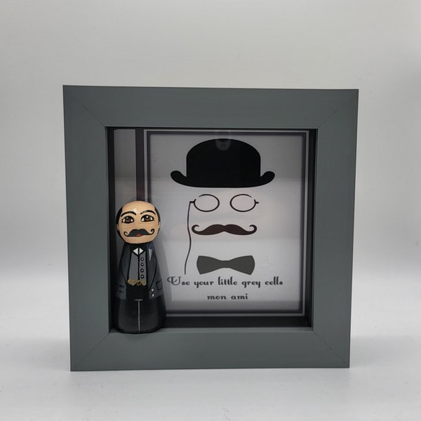 Hercule Poirot inspired Peg doll picture box frame xmas birthday gift , TV, film, musical, book, box frame pictures,