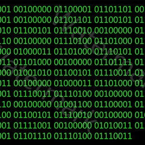 May include: A black background with a green binary code pattern. The code is repeated in rows, with each row containing a sequence of 0s and 1s.