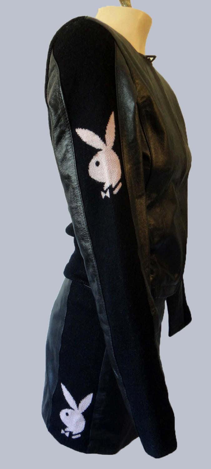 PLAYBOY Bunny Leather Jacket Knit Sweater Skirt Set Xs Vtg 29 Pink