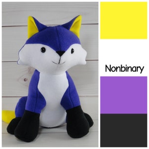 May include: A plush blue fox toy with yellow ears and black feet. The toy is sitting on a white wooden surface. The background shows the non-binary pride flag, which is yellow, purple, and black.