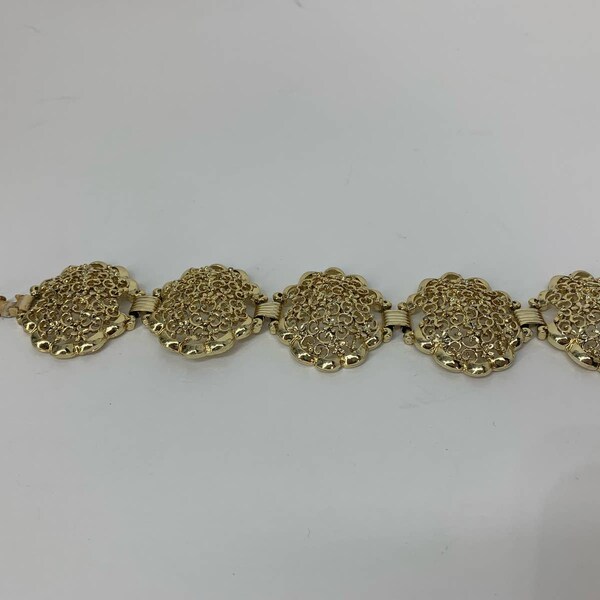 Vintage 70s 80s Womens Gold Tone Chunky 5 Panel Filigree Metal Bracelet