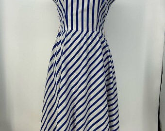 Vintage PBJ Womens 4 6 Blue White Red Striped Midi Dress Capped Sleeves