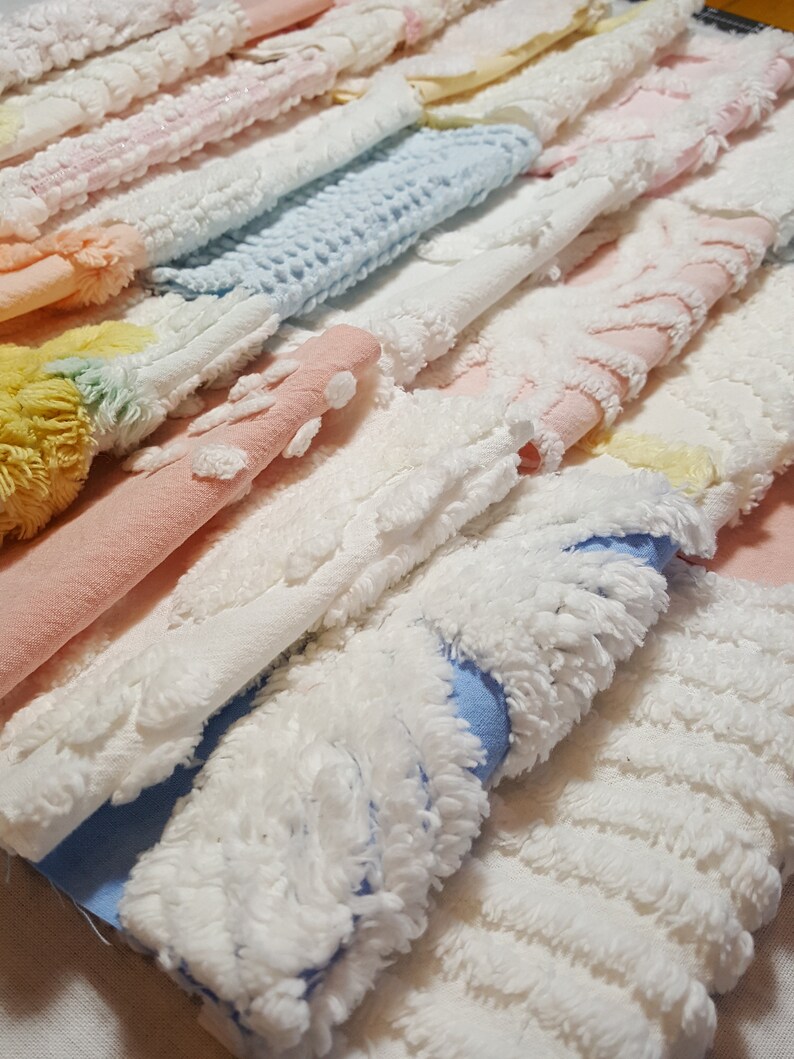 Cotton Patchwork Quilt Squares DIY Dollhouse Decor Assorted Prints 9 Piece 10 Vintage Chenille Bedspread Fabric Squares DIY Baby Lovie
