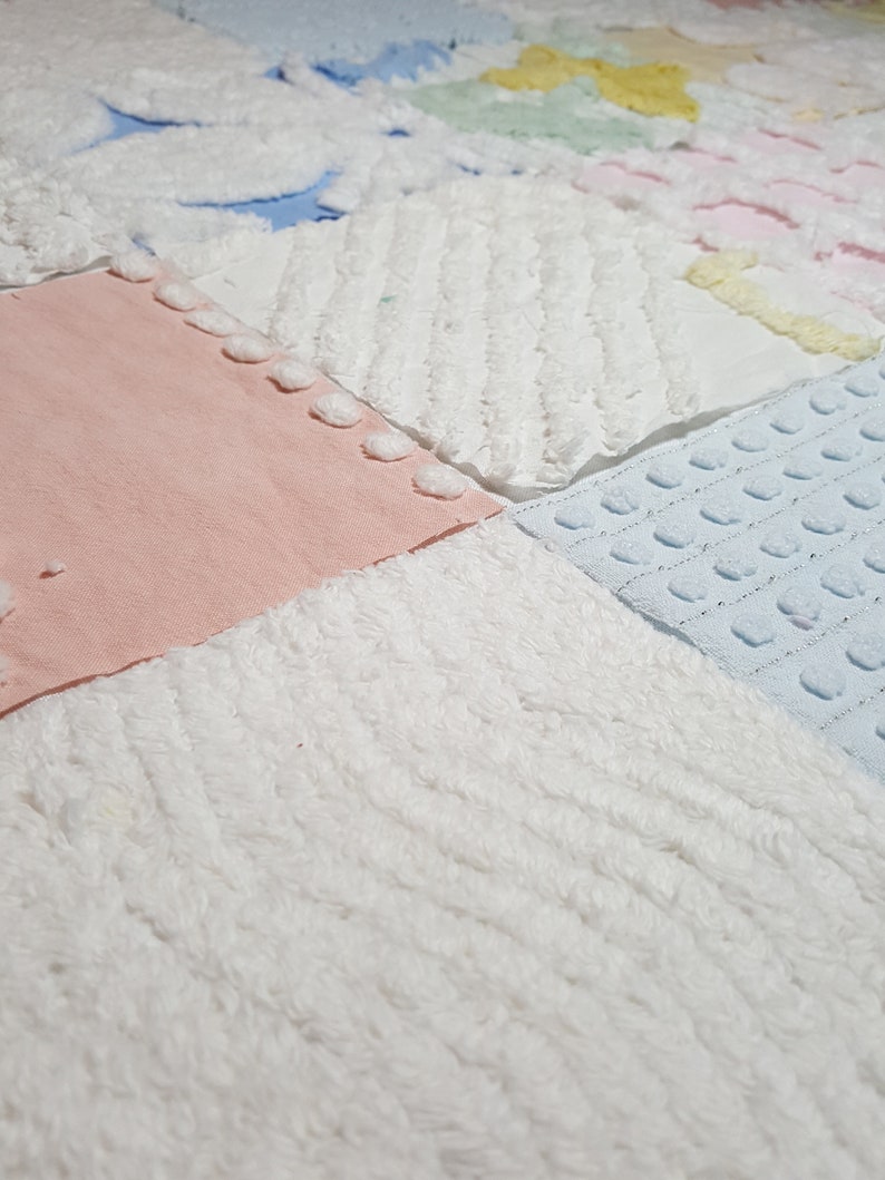 Cotton Patchwork Quilt Squares DIY Dollhouse Decor Assorted Prints 9 Piece 10 Vintage Chenille Bedspread Fabric Squares DIY Baby Lovie