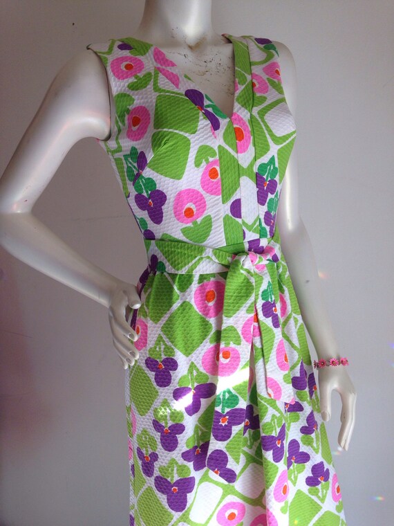 Vintage hawaiian pink purple green maxi dress 1960