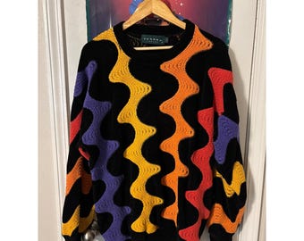 vintage TUNDRA CANADA Mens Multicolor Wavy Knit Sweater Size S flawed holes