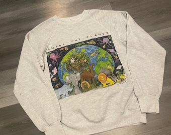 Vintage 1991 Share The Planet Animals Graphic Sweatshirt Gray Raglan XL 90s