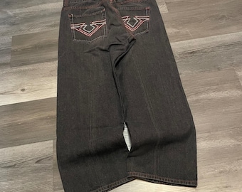 Urban Label Baggy Wide Leg Jeans Mens 38 Red Contrast Stitch Y2K Streetwear
